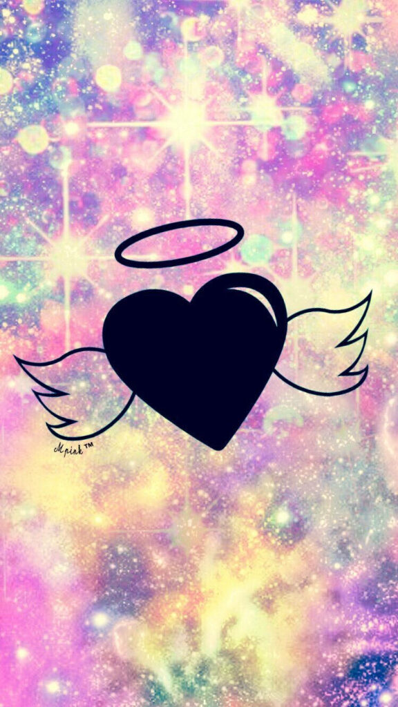 Black winged heart with halo on pastel galaxy background digital wallpaper for iPhone lock screen