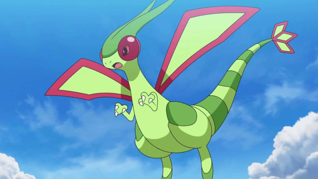 Flygon Dragon-type Pokémon soaring in bright blue sky HD anime wallpaper background