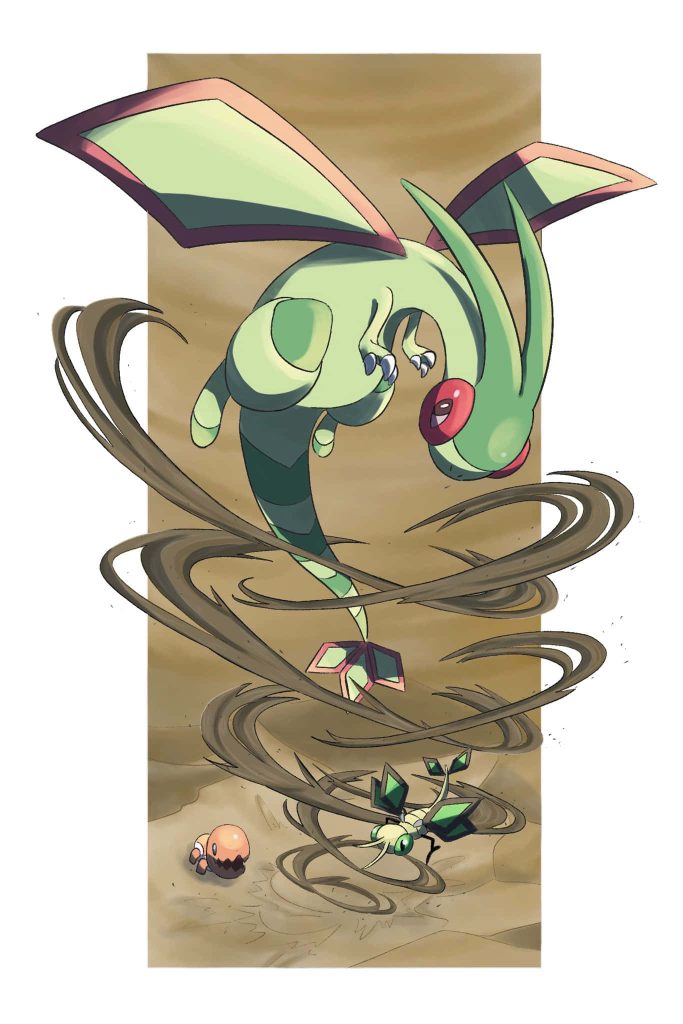 Digital anime-style Flygon evolution wallpaper with Flygon Vibrava Trapinch in desert sandstorm