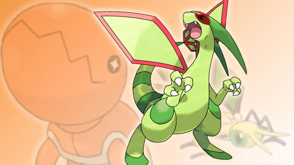 Flygon Pokémon wallpaper with vivid green details and faded Trapinch Vibrava silhouettes background