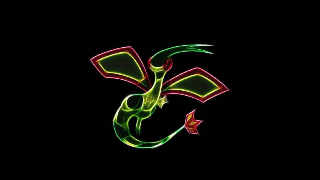 Flygon neon outline wallpaper vibrant green and red glowing Pokémon art on black background