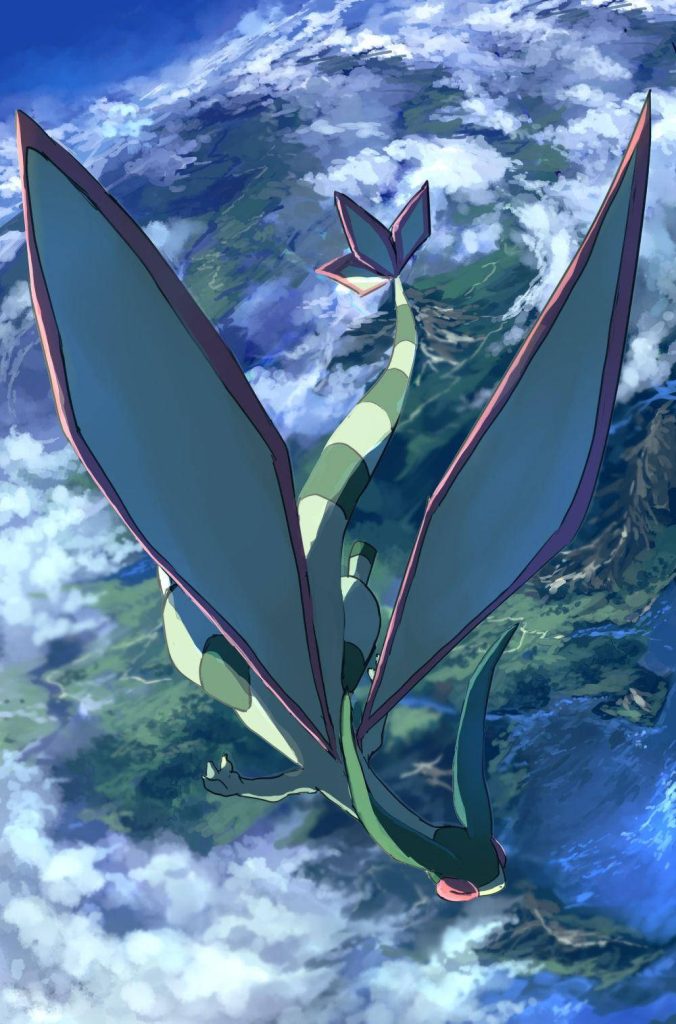 Flygon soaring above clouds with Earth below vibrant digital Pokémon wallpaper background
