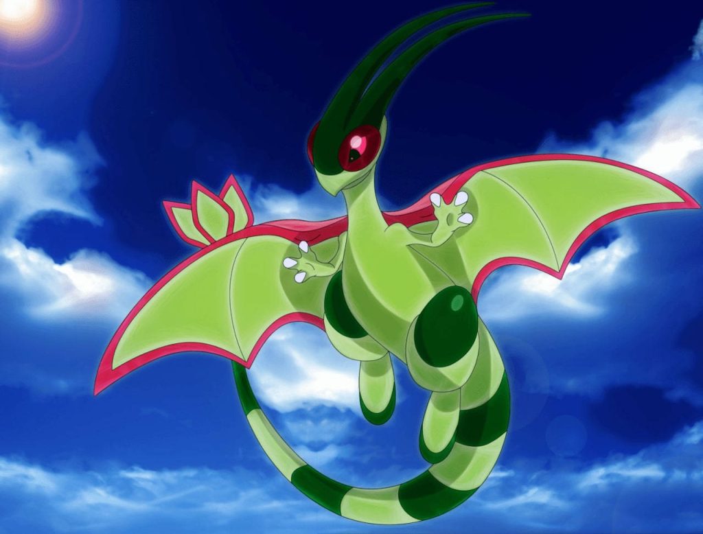 Flygon flying high vibrant digital illustration blue sky Pokémon desktop mobile wallpaper