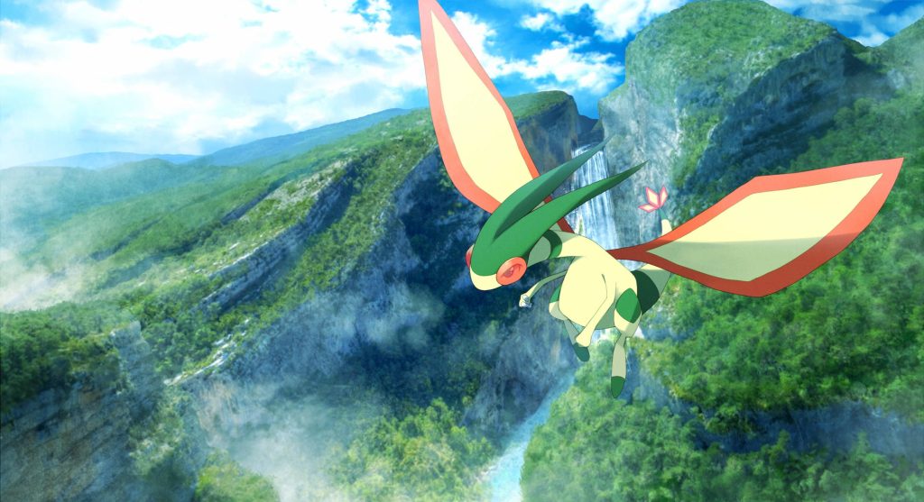 Flygon flying above misty mountains and waterfall vibrant 3D animation Ground Dragon Pokémon Wallpaper