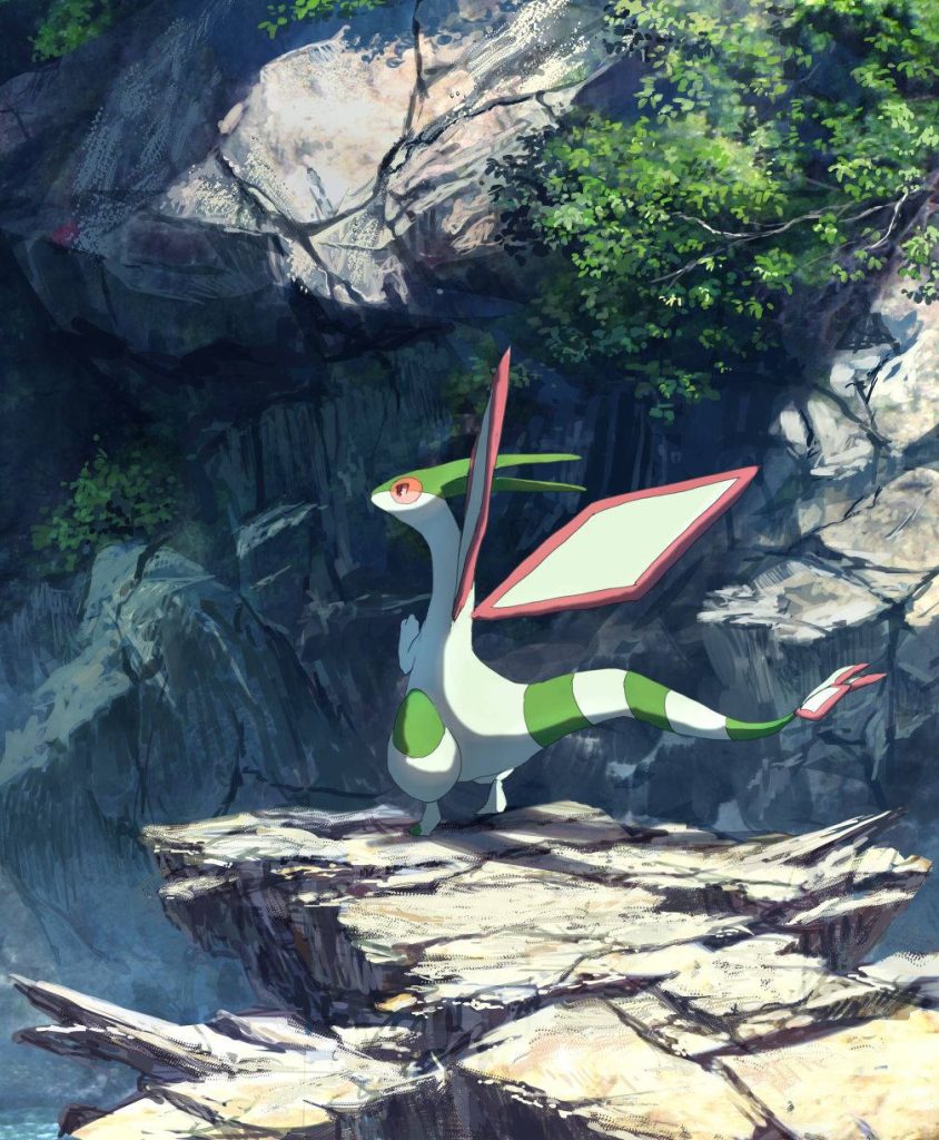Flygon perched on sunlit rocky mountain cliff digital art wallpaper background serene mood