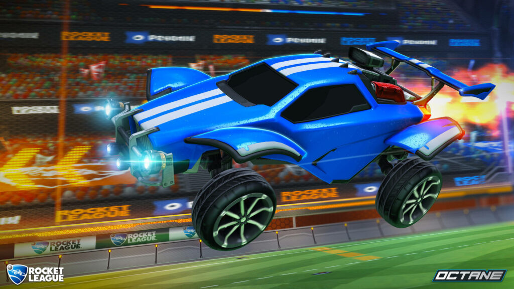 Rocketing to Victory: Blue Octane's Furious Flight on the Soccer Arena Wallpaper