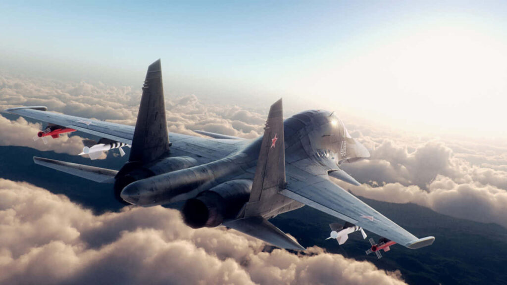 Sun-Kissed Sky: Majestic Sukhoi Su-34 soars above Jumbo Jets and puffy clouds Wallpaper