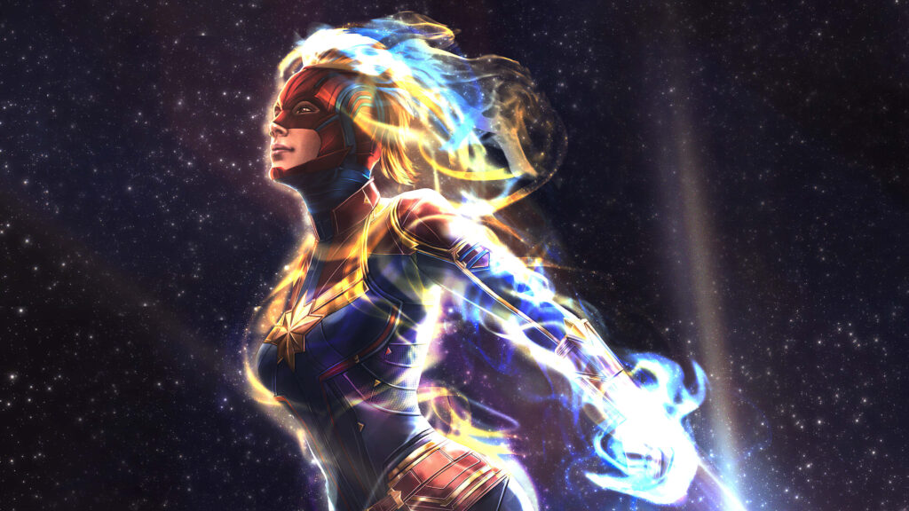 Captain Marvel's Radiant Departure through a Celestial Night Wallpaper