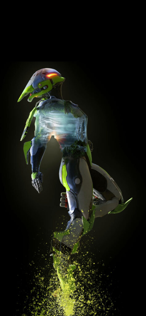 Flying Interceptor Javelin from Anthem mid-air with green highlights futuristic suit phone wallpaper