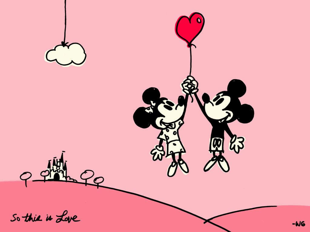 Mickey and Minnie: Love in the Air Above Disney Castle Wallpaper