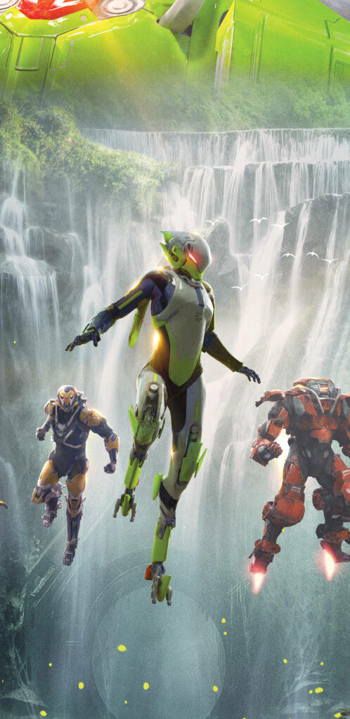 Flying Ranger Interceptor and Colossus Javelins soar near waterfalls Anthem game wallpaper background