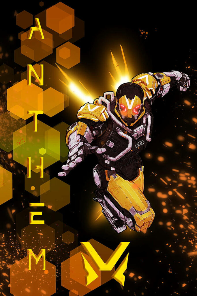 Flying Ranger Javelin in yellow armor with hexagonal futuristic elements Anthem wallpaper background
