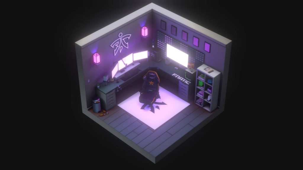 3D isometric Fnatic gaming room wallpaper with triple monitors purple neon esports setup