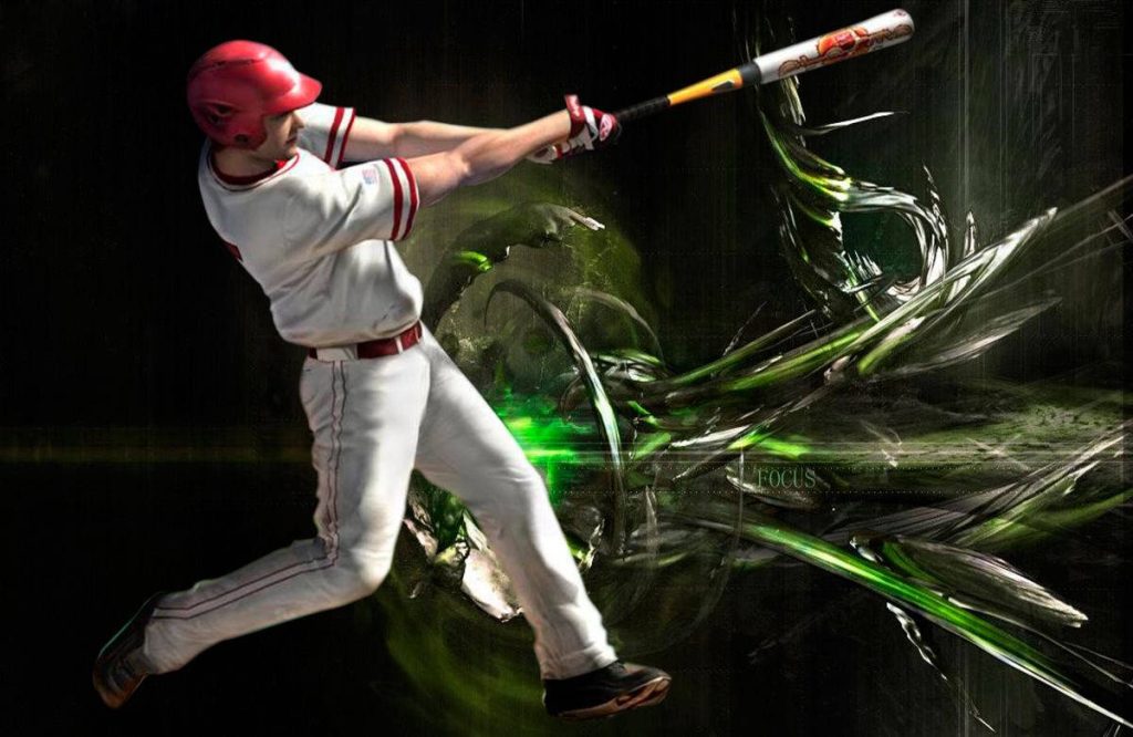 Baseball batter in white uniform swings intensely with glowing green energy and FOCUS text wallpaper