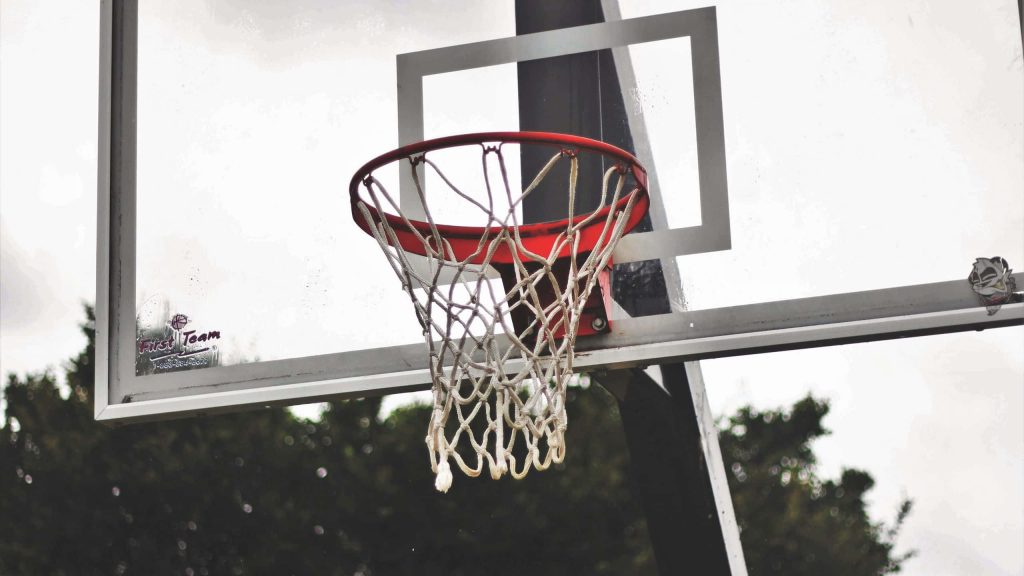 Close-up of basketball hoop with red rim and white net against sky and treeline background outdoor Wallpaper