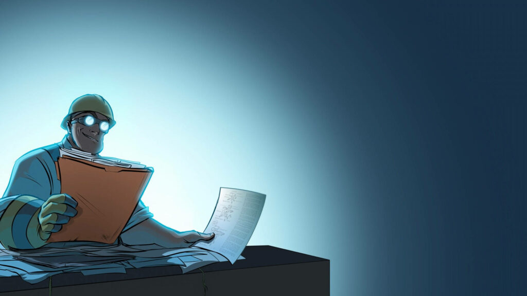Stylized civil engineer with hard hat reviewing blueprints under blue light minimalist digital art Wallpaper
