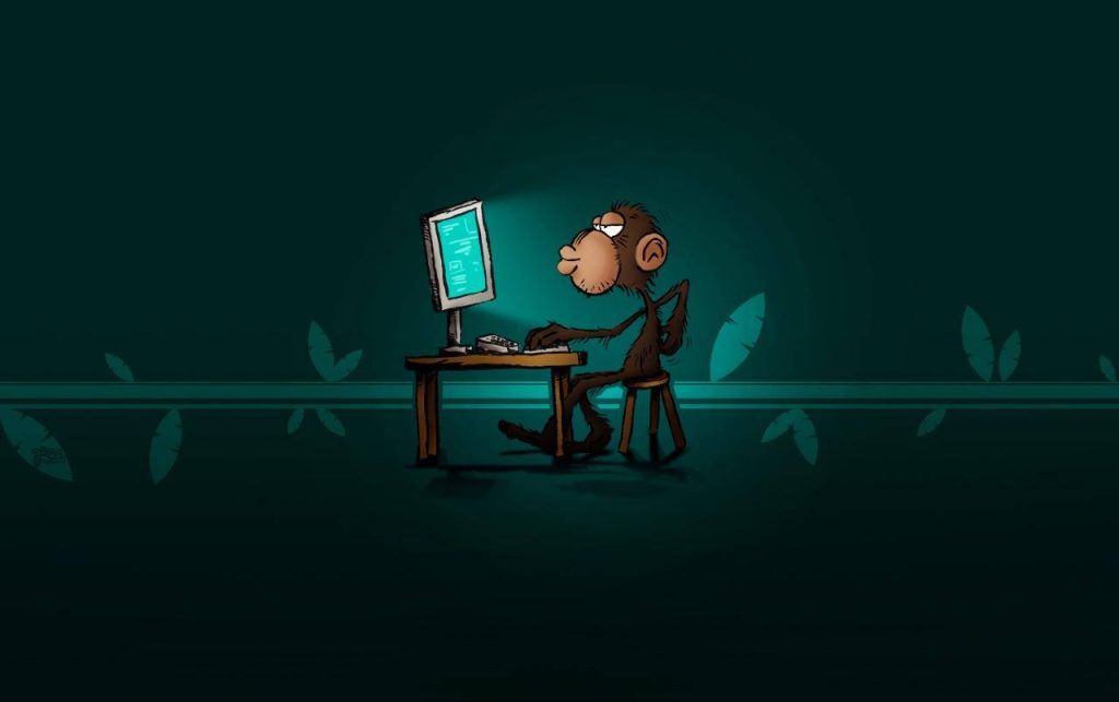 Focused monkey typing at computer in dark teal minimalist digital wallpaper background
