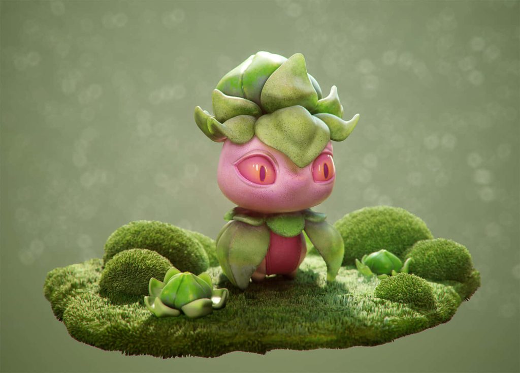 3D render of pink Pokémon Fomantis on mossy platform with flower buds soft studio lighting wallpaper