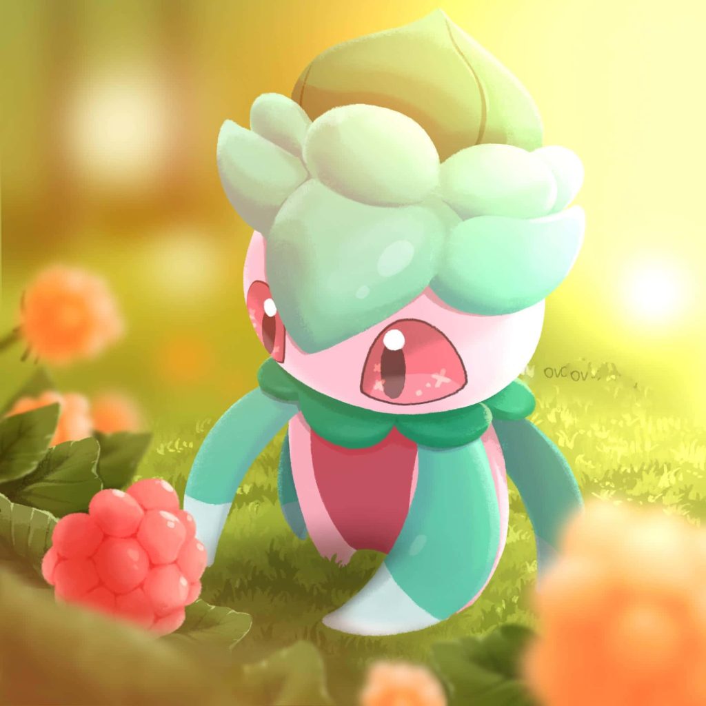 Fomantis Pokémon in sunny meadow reaching for red berry vibrant grass type nature wallpaper