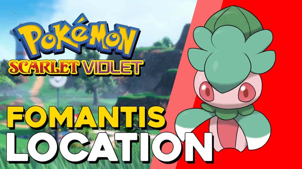 Fomantis Pokémon Scarlet and Violet guide with Paldea landscape and vibrant red background Wallpaper