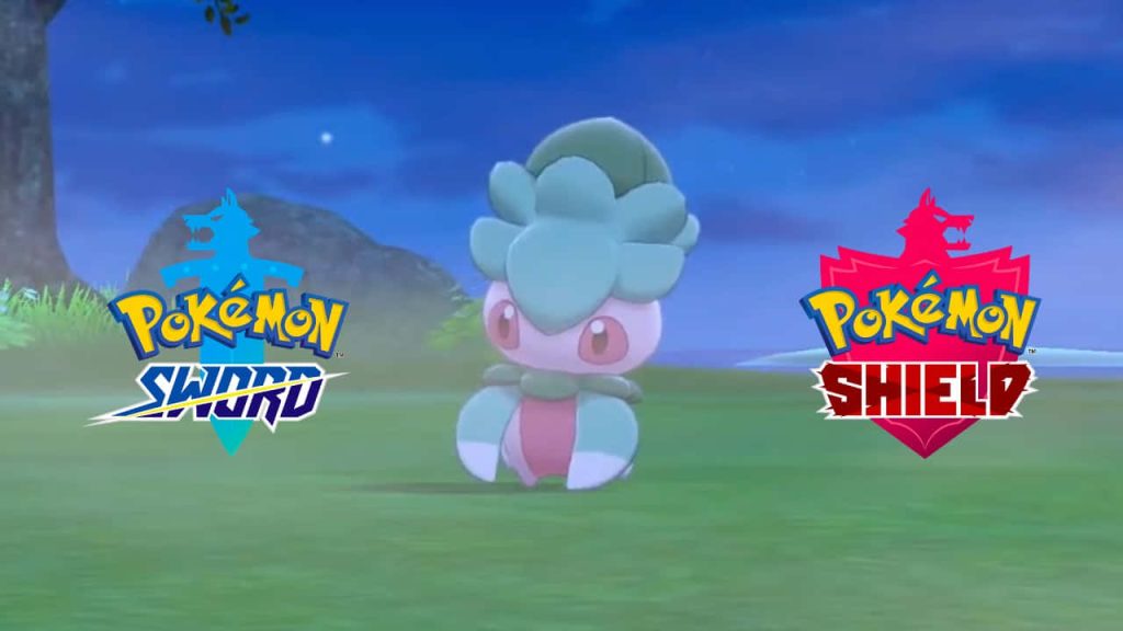 Fomantis in lush Galar field with Pokemon Sword Shield logos 3D CGI Nintendo Switch wallpaper