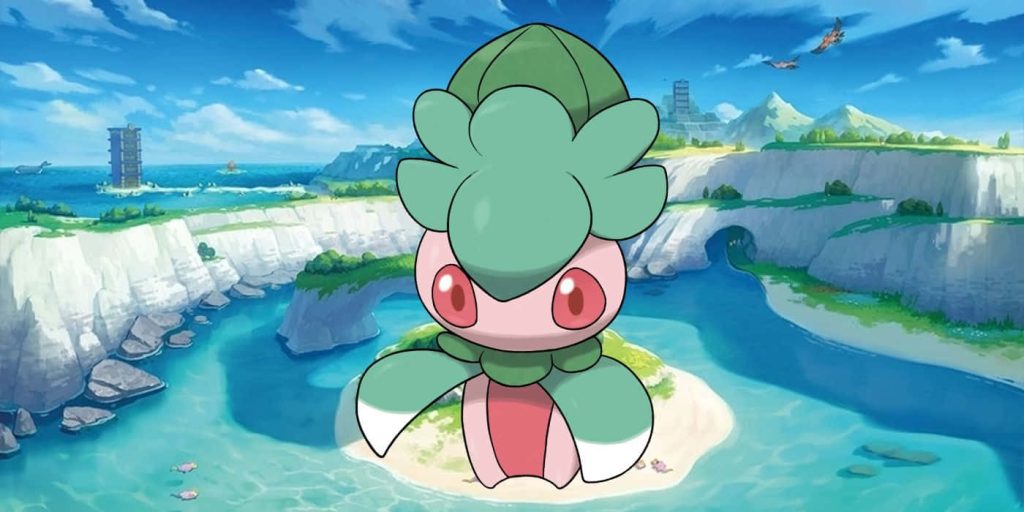 Fomantis Grass-type Pokémon on sandy shore by clear blue lake with white cliffs and mountains Wallpaper