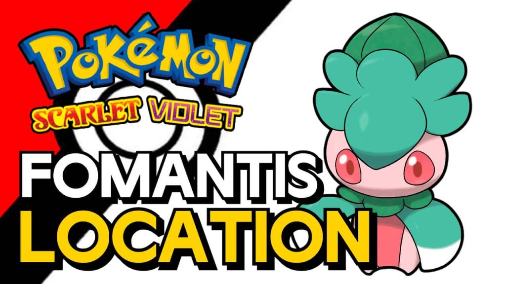 Fomantis Pokémon Scarlet Violet illustration with pink green colors on stylized Poké Ball background Wallpaper