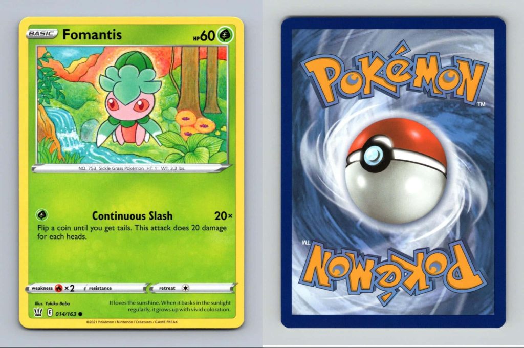 Front and back of Grass-type Fomantis Pokémon card with forest art and classic Poké Ball design Wallpaper