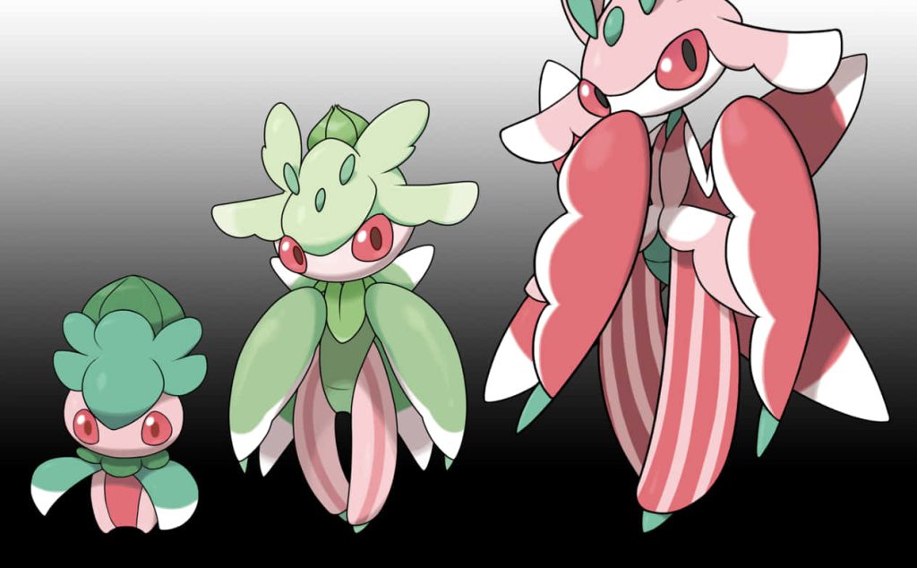 Fomantis and Lurantis Grass-type Pokémon evolution on minimalist gradient background wallpaper