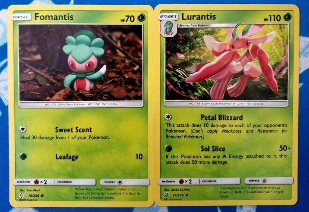 Fomantis and Lurantis Pokémon TCG cards Cosmic Eclipse Grass types on blue textured wallpaper background
