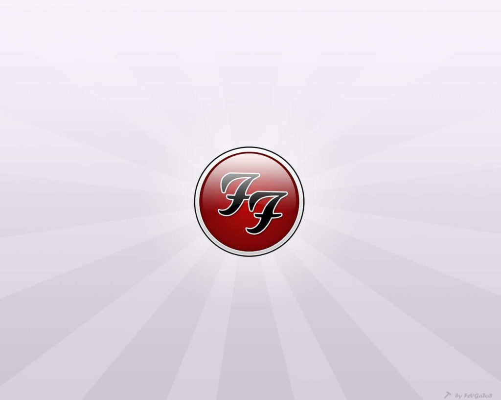 Foo Fighters wallpaper with red glossy FF logo on light grey sunburst background minimalist design