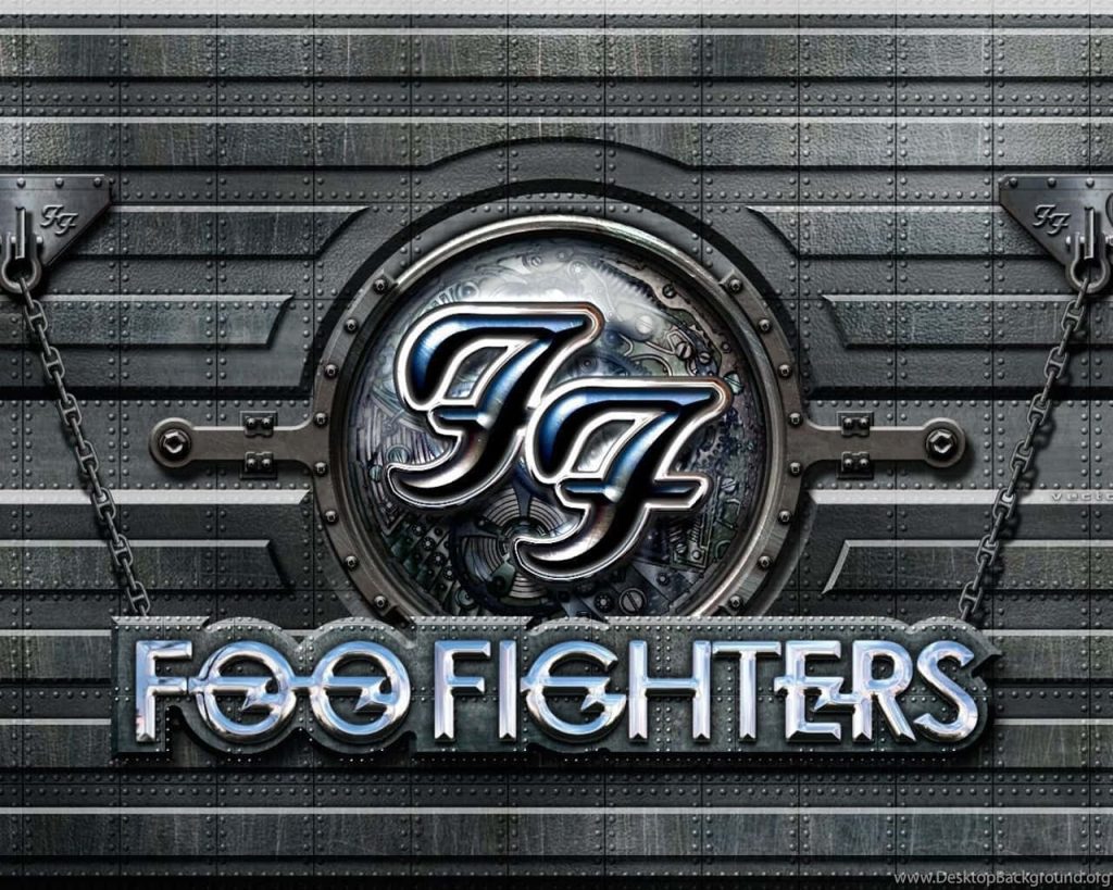 Foo Fighters chrome logo on dark riveted metal background with hanging chains rock wallpaper
