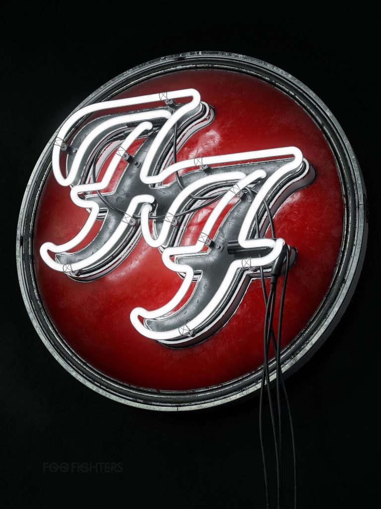 Foo Fighters neon logo wallpaper glowing white FF emblem on distressed red circular background