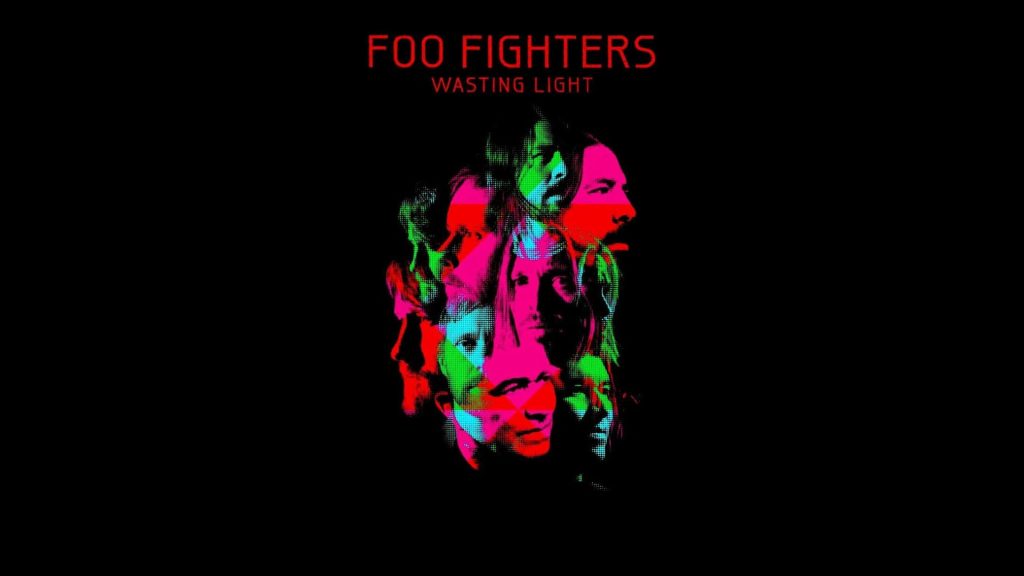 Foo Fighters Wasting Light album cover neon halftone collage of band members on black background Wallpaper