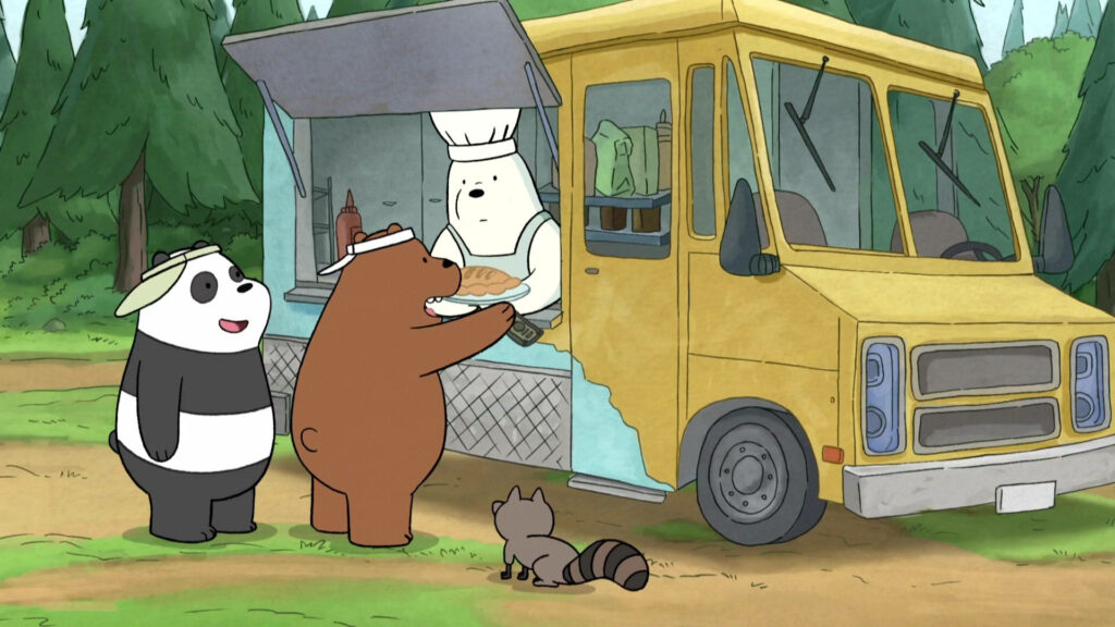 Foodie Adventure with We Bare Bears: Wallpaper featuring Pan-pan and Grizz's Food Truck Selling Delicious Ice and More!