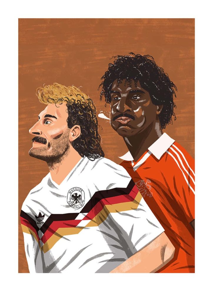 Painted portrait wallpaper of football legends Rudi Völler West Germany and Frank Rijkaard Netherlands