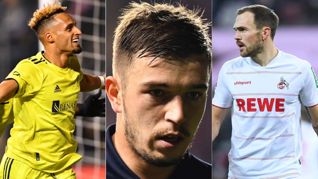 Football wallpaper collage with Rafael Czichos 1 FC Köln and Hany Mukhtar Nashville SC action