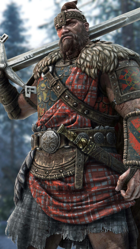 Highlander-inspired warrior character with sword, Celtic designs & battle-ready armor - For Honor game fan art background. Wallpaper