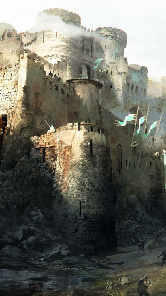 Ethereal blue flames engulf besieged fortress in epic medieval scene Wallpaper