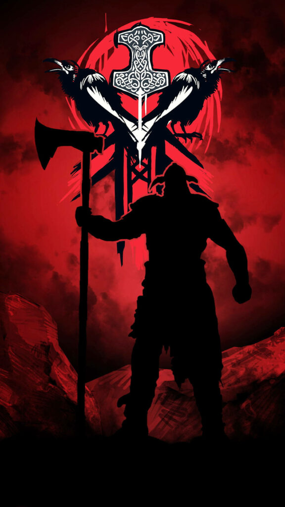 Viking Warrior Silhouette with Axe in Mythic Norse Symbol Setting Wallpaper