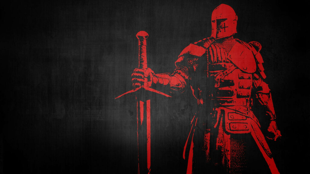 Warden from For Honor in red tones holding sword on dark textured background wallpaper