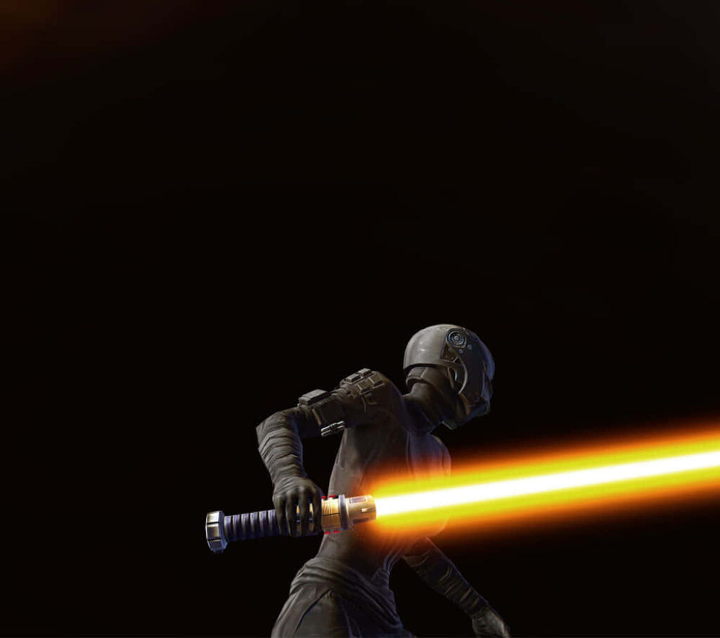 Forcebound Adept with Glowing Orange Lightsaber - Epic Sci-Fi Wallpaper