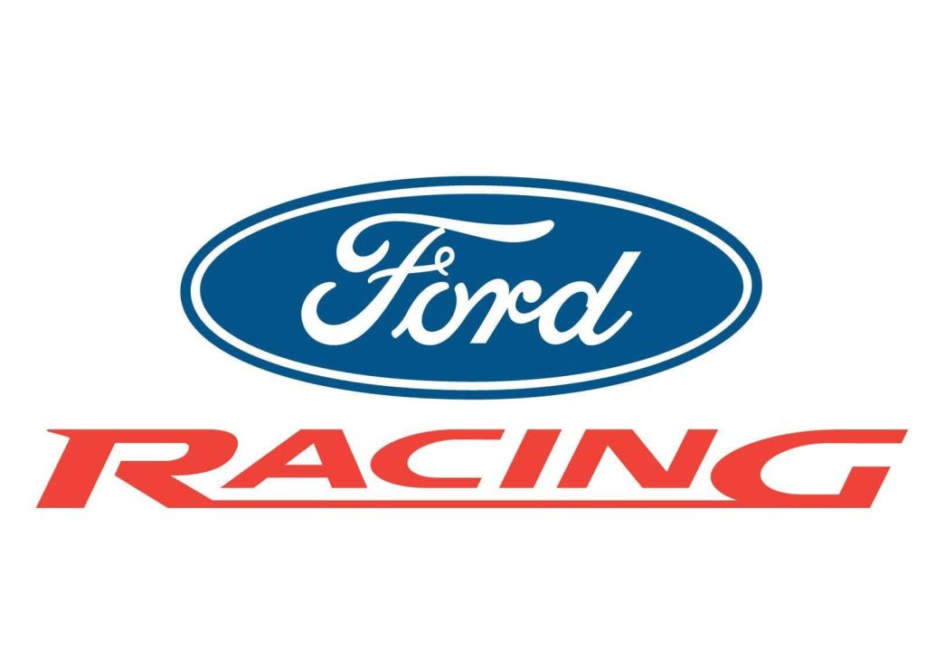 Ford Blue Oval logo with bold red Racing text minimalist wallpaper background design