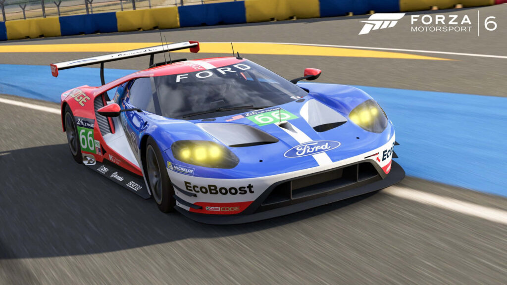 Ford GT racing car speeding on track vibrant colors Forza Motorsport 6 dynamic wallpaper