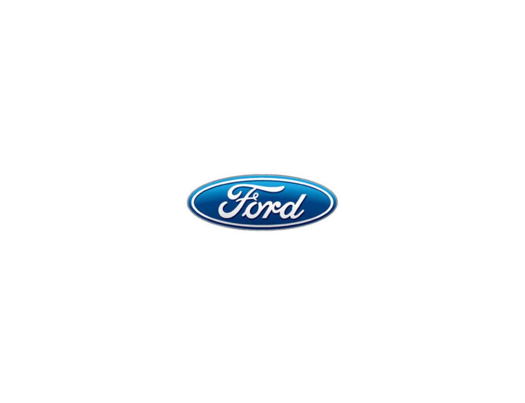 Minimalist Ford logo wallpaper with blue oval emblem and metallic gradient on white background