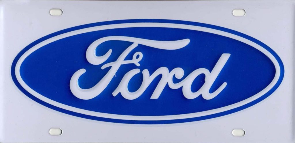 Sharp Ford logo in white script on blue oval with clean rectangular plate wallpaper background
