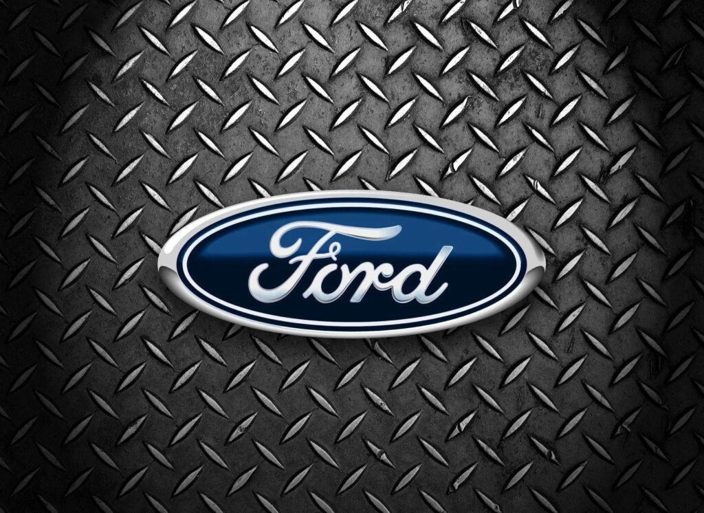Ford Logo Wallpaper: Iconic Design on Metallic Diamond Plate