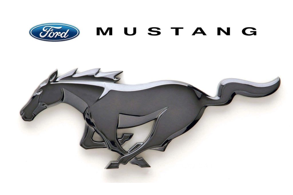 Ford Mustang galloping pony emblem with classic Ford oval and Mustang text on white background Wallpaper