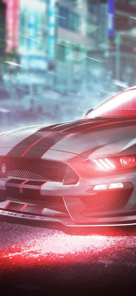 Ford Mustang iPhone wallpaper with aggressive grille sleek headlights racing stripes city lights reflections