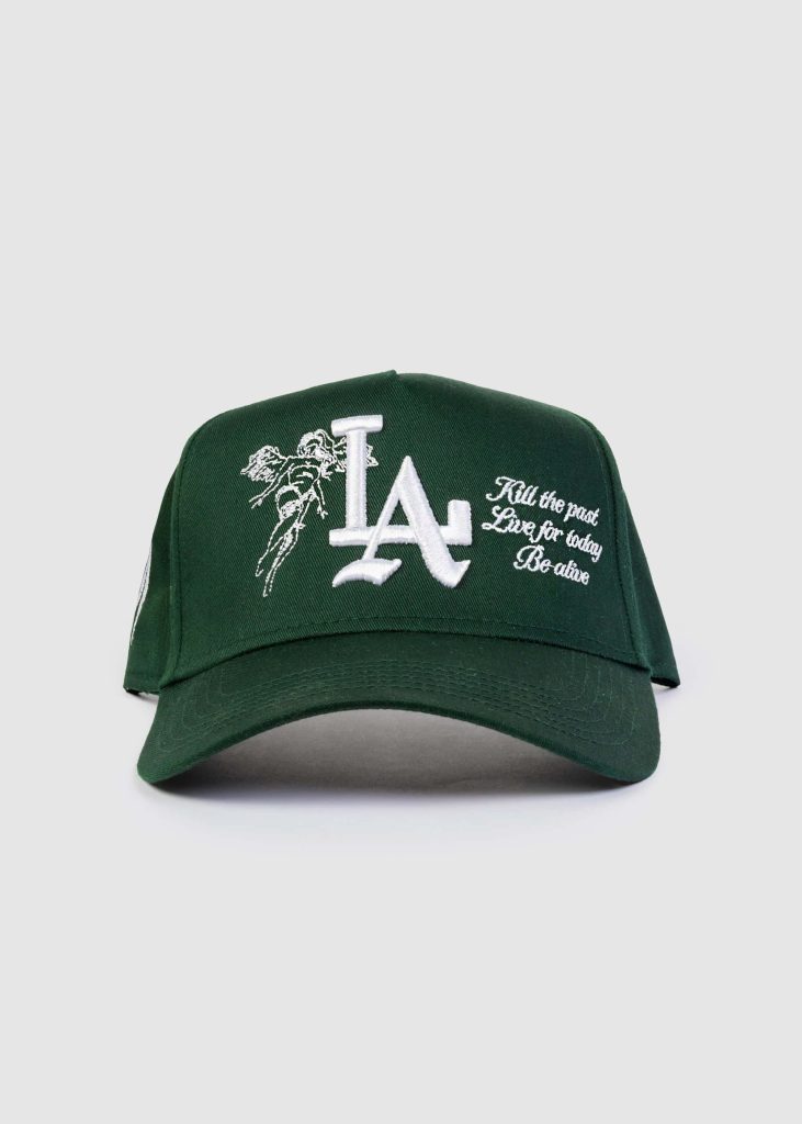 Forest green LA baseball cap with white angel embroidery and motivational script for streetwear Wallpaper